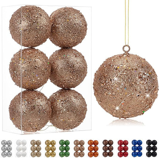 4" Large Christmas Balls Ornaments 6 Pcs Shatterproof Big Rose Gold Christmas Ornaments for Tree Glitter Big Xmas Tree Ornament for Xmas Halloween Holiday Wedding Party Decoration