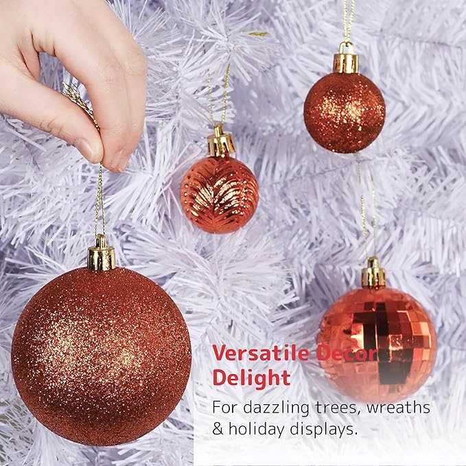 PREXTEX Christmas Tree Ornaments - Copper Orange Christmas Ball Ornaments Set for Christmas, Holiday, Wreath & Party Decorations (36 pcs - Small, Medium, Large) Shatterproof, 3 Size Combo