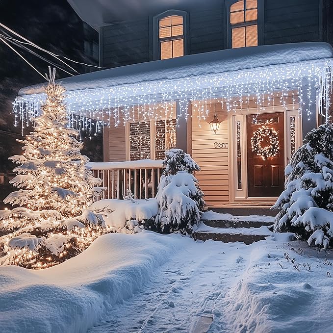 Dazzle Bright Christmas Icicle Lights, 88.5 FT 1080 LED 8 Modes Curtain Fairy Lights with 180 Drops, Xmas String Lights for Outdoor Holiday Wedding Party Decorations (White)