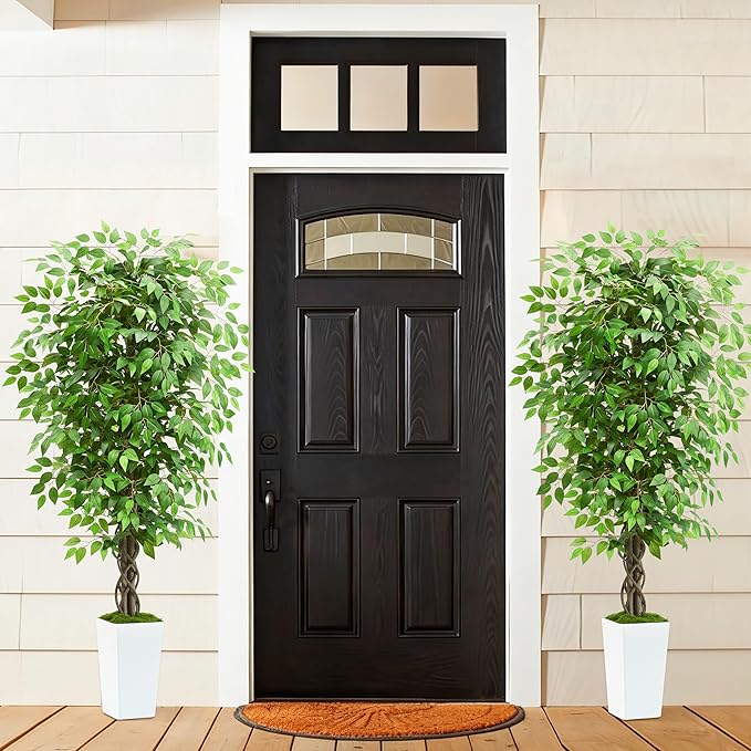 Artificial Ficus Tree 5FT Faux Plants Indoor Tall Fake Plants with White Tall Planter, Green Lifelike Lush Fake Ficus Tree for Home Living Room Bedroom Outdoor Balcony House Office Decor