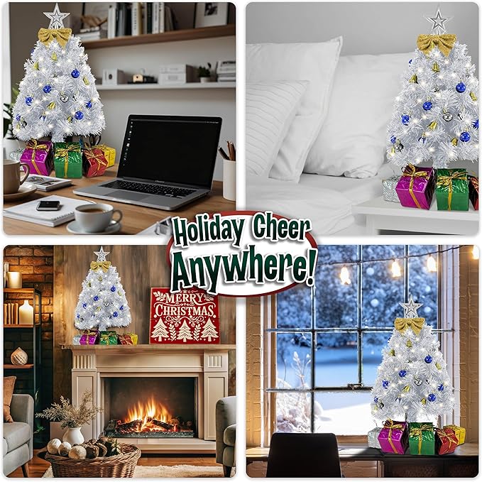 Small White Christmas Tree with Lights - 23 Inch Mini Tabletop Christmas Tree with Warm-White LED Lights, Hanging Ornaments, Decorative Bow and Gift Boxes - Table Tree for DIY Christmas Decoration