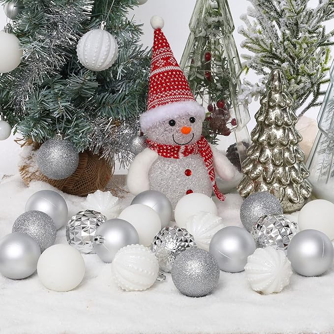 45Pcs 6cm/2.36inch Christmas Balls Glitter Ornaments Set, Shatterproof Plastic Xmas Tree Hanging Ornament, Christmas Decorations Balls for Holiday Festival Wedding House Bar Party(Silver/White)