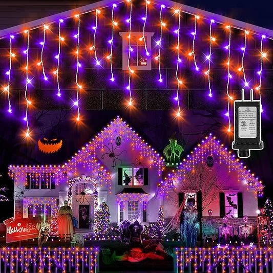 KNONEW Orange Purple Halloween Lights 33FT 400 LED String Lights Outdoor with 75 Drops, 8 Lighting Modes, Timer Memory Function Connectable Hanging Curtain Lights for Halloween Party Decor
