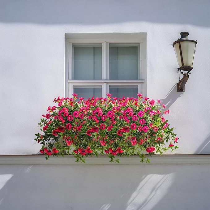 Artificial Flowers Artificial Petunias for Outdoors Artificial Hanging Plants Outdoor Silk Flowers with Stems Outdoor Flowers Uv Resistant for Porch Decor Terrace Decor，Rose Red with Pot 2PCS