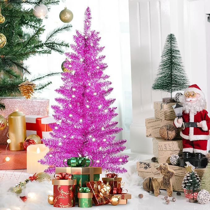 4ft Artificial Full Pink Christmas Tree with Separate Lights, Not Pre-lit Mini Pink Tinsel Pine Christmas Tree, 50 Lights, Small Xmas Tree for Home, Office, Party Decoration, Indoor