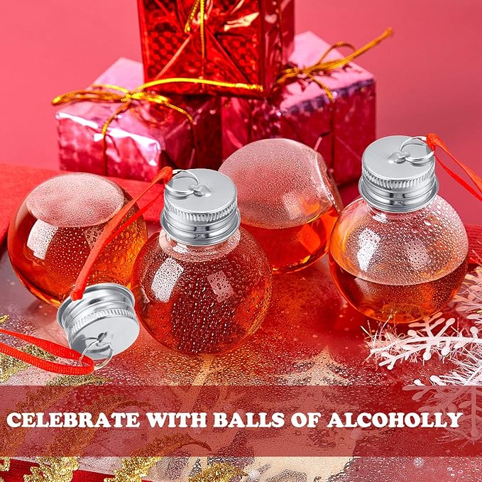 Patelai 12 Pcs Christmas Drink Balls Shot Glass Ornament Plastic Fillable Christmas Tree Ornaments Xmas Water Bottle Bulbs for Holiday Party Indoor Outdoor (Silver Lid)