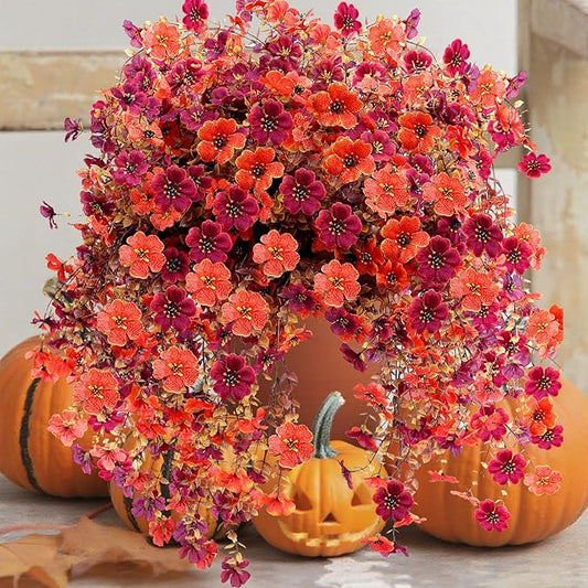 Outdoor Artificial Fall Flowers 6PCS, All Weather Fade Proof, UV Resistant Waterproof Realistic Faux Silk Mums Daisies Orange & Brown for Hanging Planters Porch Patio Balcony Deck Fence Garden Decor