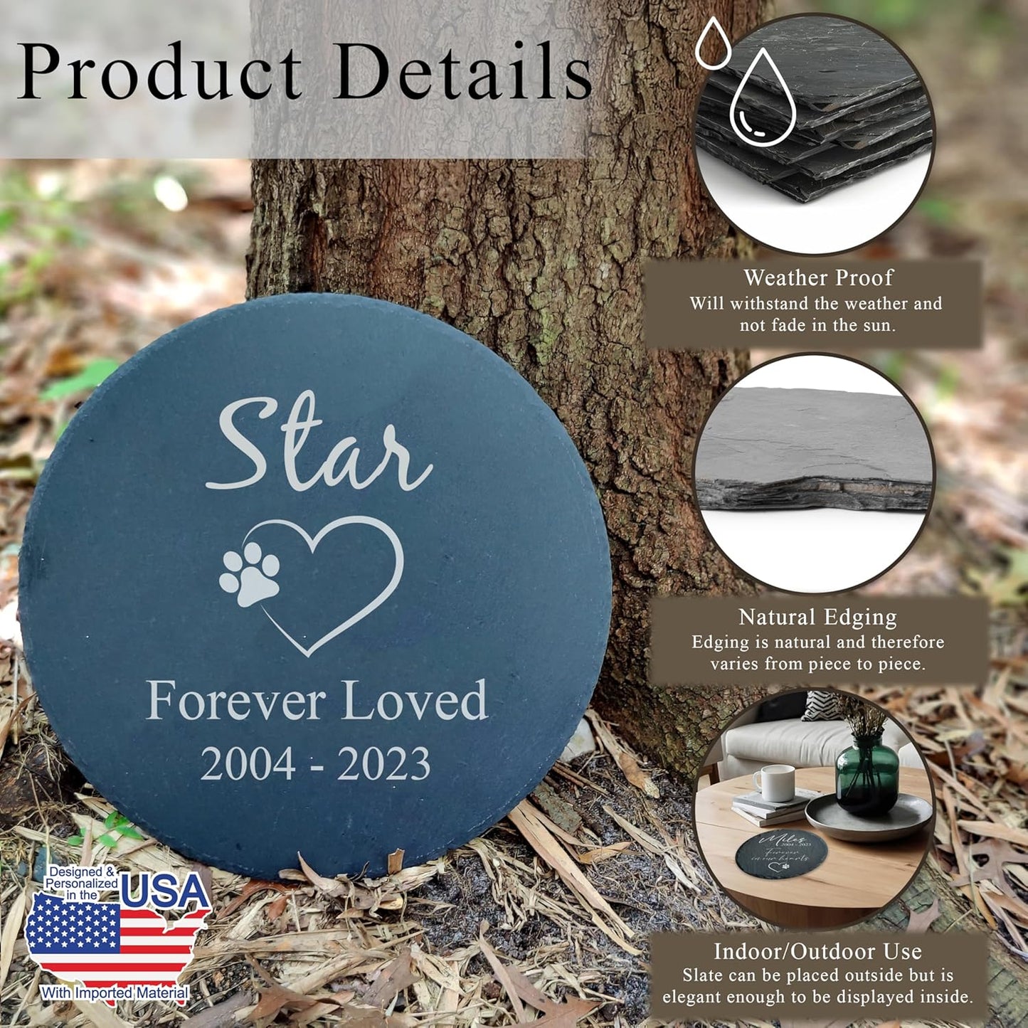 Personalized Pet Memorial Stone for Dogs and Cats | Custom Laser-Etched Weatherproof Garden Grave Marker | Natural Stone Bereavement Headstone Sympathy Gift | 4, 6, 10, or 12 Inch Heart or Circle Shape (A4)