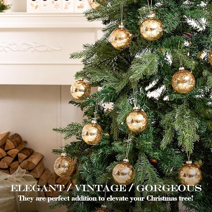 Gold Mercury Glass Ball Christmas Ornaments Set of 12-3.15”Luxurious Xmas Tree Hanging Bulb Decorations for New Year Thanksgiving Birthdays Party, Glass Ornaments for Elegant Xmas Halloween Decor
