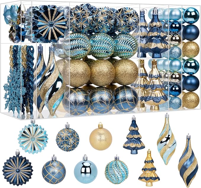 108 Pcs Christmas Ball Ornaments Set, Blue and Gold Shatterproof Hand-Painted Hanging Bulbs Decoration for Xmas Tree, Wreath, Garland, Home Holiday Decor