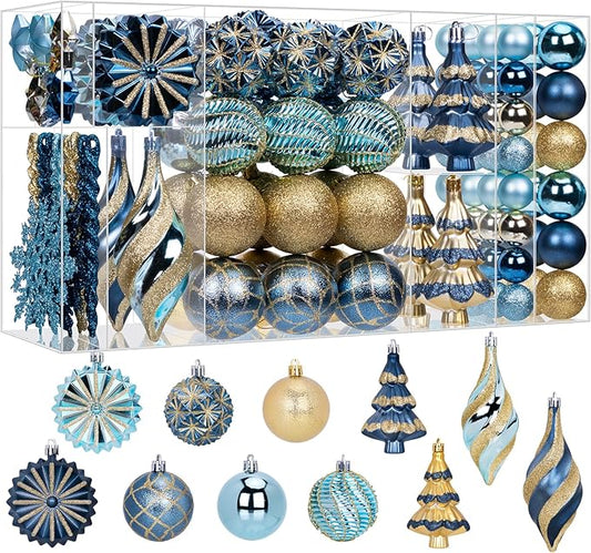 108 Pcs Christmas Ball Ornaments Set, Blue and Gold Shatterproof Hand-Painted Hanging Bulbs Decoration for Xmas Tree, Wreath, Garland, Home Holiday Decor