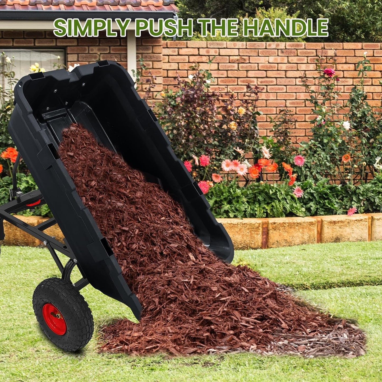 Garden Dump Cart,Heavy Duty 900lbs Poly Wheelbarrow with 10-Inch Tires,180° Rotating Handle,Steel Frame and Quick Release System for Garden,Lawn,Barn,Farm