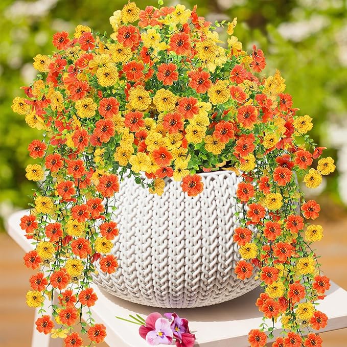Artificial Flowers for Outdoors 6PCS，All Weather Fade Proof, UV Resistant Waterproof Realistic Faux Silk Mums Daisies Yellow & Orange for Hanging Planters Porch Patio Balcony Deck Fence Garden Decor