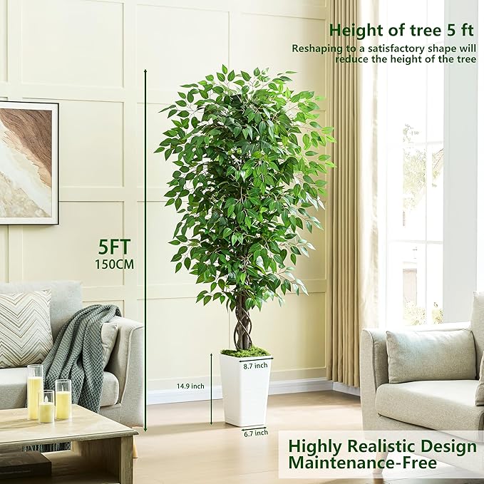 Artificial Ficus Tree 5FT Faux Plants Indoor Tall Fake Plants with White Tall Planter, Green Lifelike Lush Fake Ficus Tree for Home Living Room Bedroom Outdoor Balcony House Office Decor
