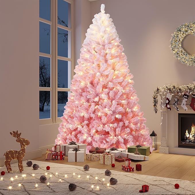 GAOMON 9Ft Pink Christmas Tree,Snow Flocked Artificial Christmas Tree with 800ww LEDs Lights & 288 Branch Tips & Sturdy Metal Stand, Xmas Decoration for Home Office, Party, Holiday, Pink Gradient