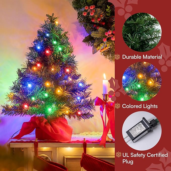 JOIEDOMI 24"/2FT Small Tabletop Christmas Tree with Multi-Color LED Lights, Table Top Christmas Decorations Pre-lit Artificial, Green Mini Lighted Tree for Xmas Decorations Indoor Party Décor