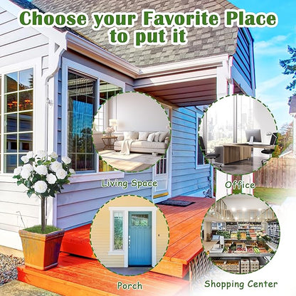 Sunnyglade 35.5" Set of 2 Artificial Camellia Tree, Faux White Camellia Flowers Plant with Spike Fake Silk Flora Topiary Plants Tree for Indoor, Garden, Yard, Porch, Patio Decoration