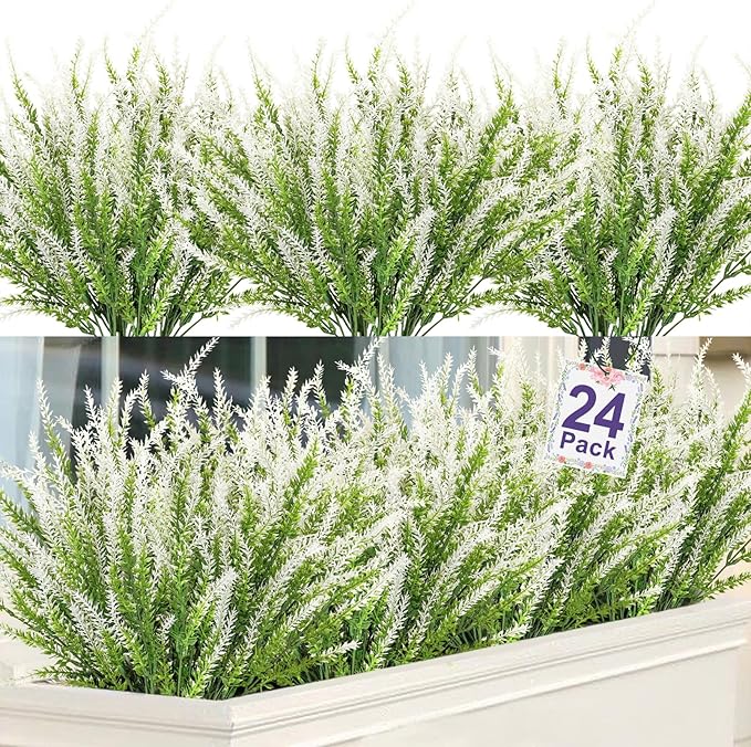 Ouddy Decor 24 Bundles Artificial Lavender Fake Flowers Faux Plastic Plants for Home Wedding Kitchen Garden Patio Window Box Office Table Centerpieces Indoor Outdoor Decor, White