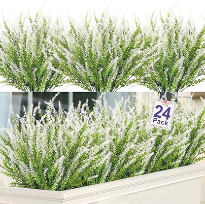 Ouddy Decor 24 Bundles Artificial Lavender Fake Flowers Faux Plastic Plants for Home Wedding Kitchen Garden Patio Window Box Office Table Centerpieces Indoor Outdoor Decor, White