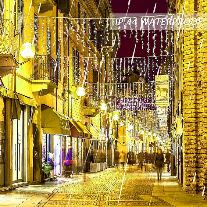 Dazzle Bright 360 LED Christmas Icicle Lights, 29.5 FT 8 Modes Curtain Fairy Lights with 60 Drops, Connectable Xmas String Lights for Outside Holiday Wedding Party Decorations (Warm White)