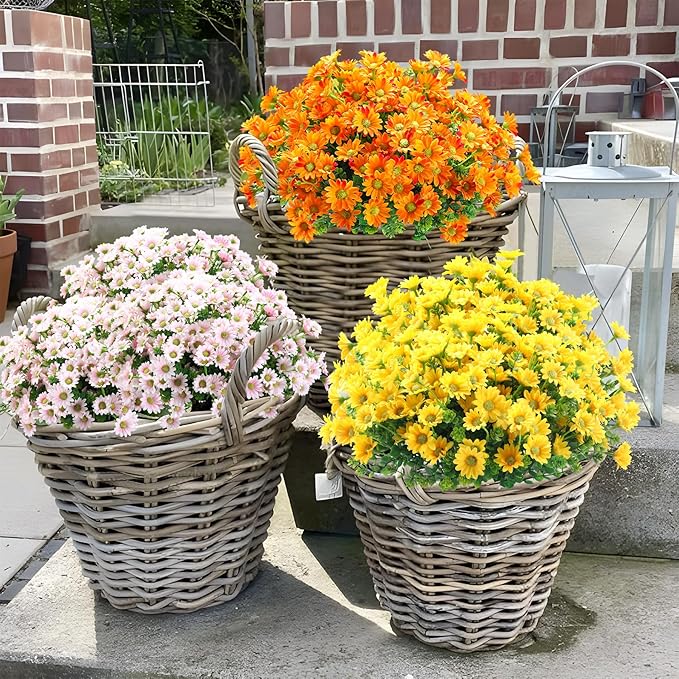 10pcs Outdoors Artificial Mum Flowers UV Resistant Daisy Fake Silk Chrysanthemum Greenery Faux Eucalyptus Plants for Spring Summer Garden Patio Window Box Planter Home Decor(Pink)