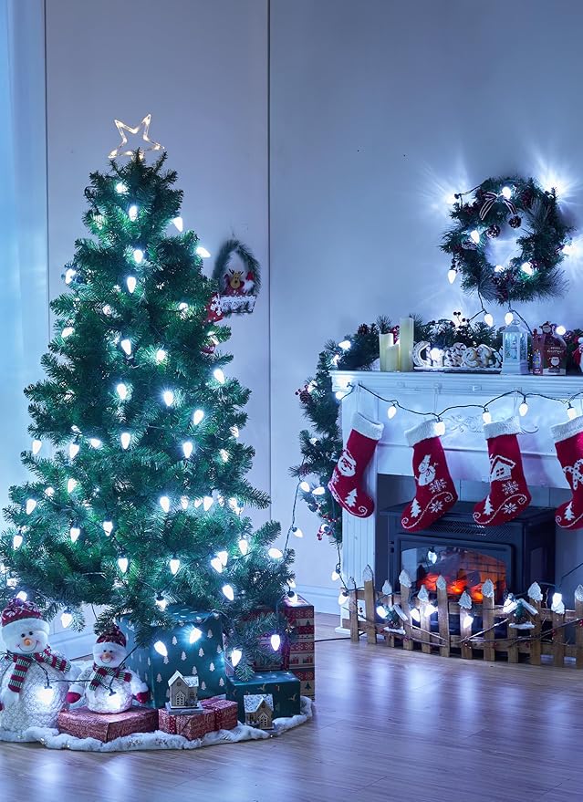 C9 LED Christmas Lights Outdoor, 81 Feet 100 LED String Light with Timer & 8 Lighting Mode, Waterproof Commercial Grade Christmas Tree Lights for Outside Indoor Roofline Patio, Pure White|2 Pack