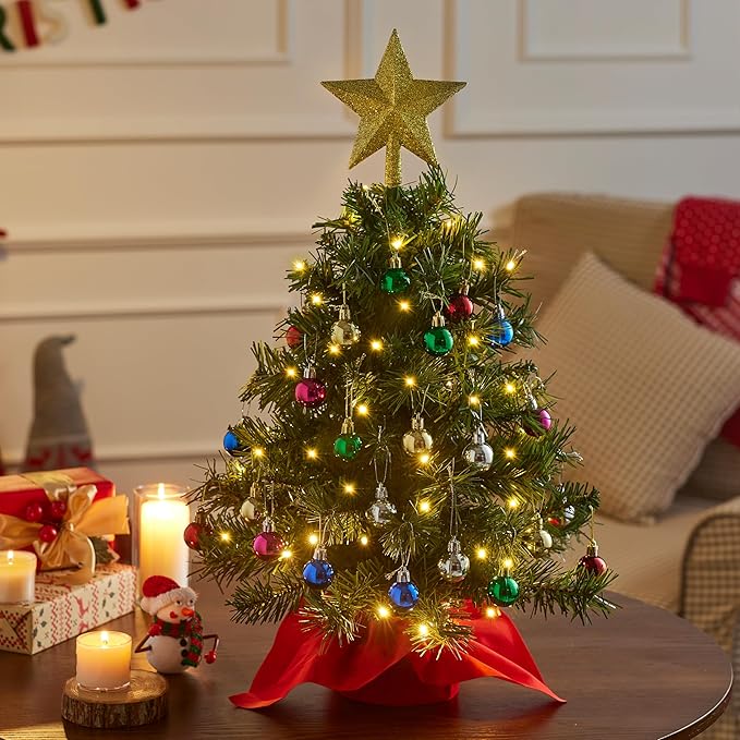 Joiedomi 24"/2FT Mini Christmas Tree Tabletop Set with Clear LED Lights, Artificial Mini Christmas Tree with Star Treetop and Hanging Ornaments, Best DIY Xmas Decorations