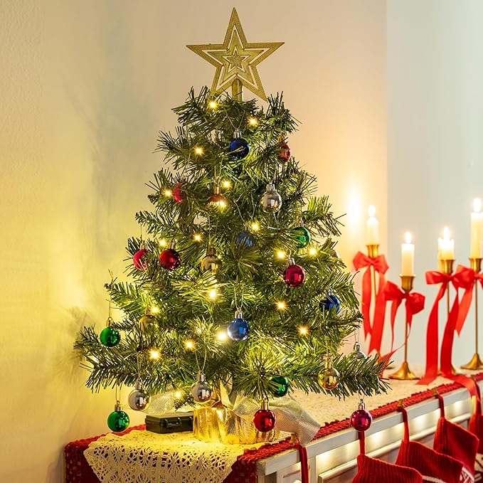 JOIEDOMI 24"/2FT Small Tabletop Christmas Tree with Lights with Star Treetop and Hanging Ornaments, Pre-lit Artificial Christmas Green LED Mini Tabletop Tree for Xmas Decorations Indoor Outdoor
