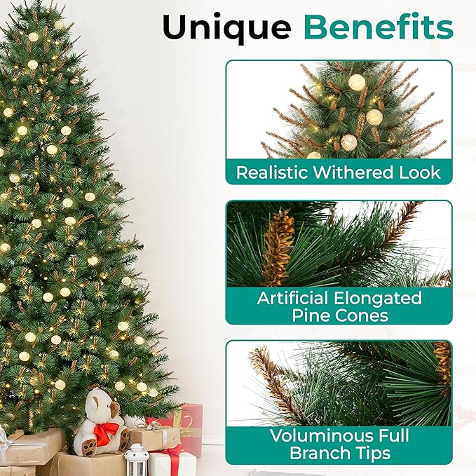Selena 7.5ft Prelit Artificial Christmas Tree with 1209 Branch Tips, 400 Warm Lights and Metal Stand, 50" Wide Realistic Withered Christmas Tree with Lights by Naomi Home