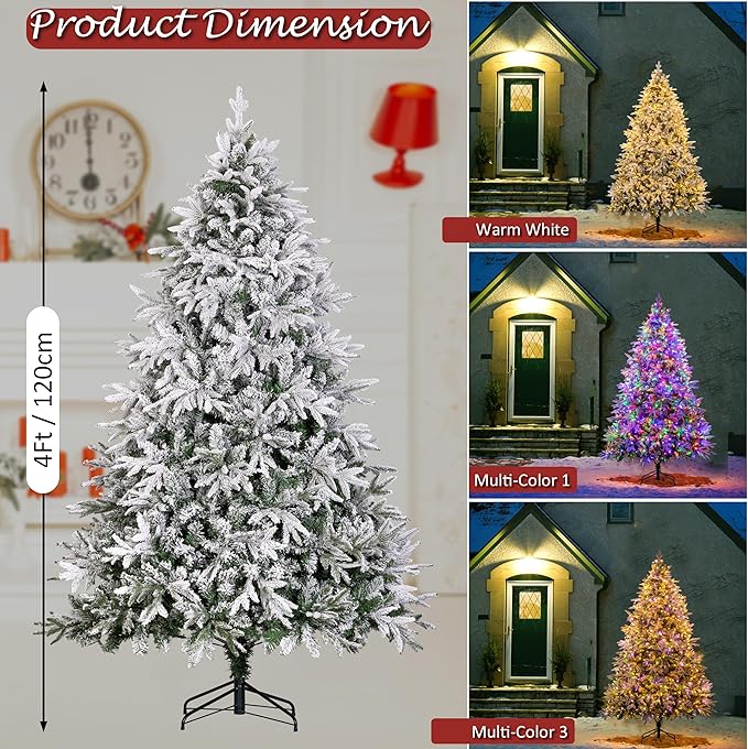 Sunnyglade 4ft Artificial Snow Flocked Christmas Tree with 240 LED Lights (Not pre-lit), Xmas Tree Full Tree with 300 Branch Tips & 11 Modes Light, RGB & Warm White Light, Foldable Stand for Home
