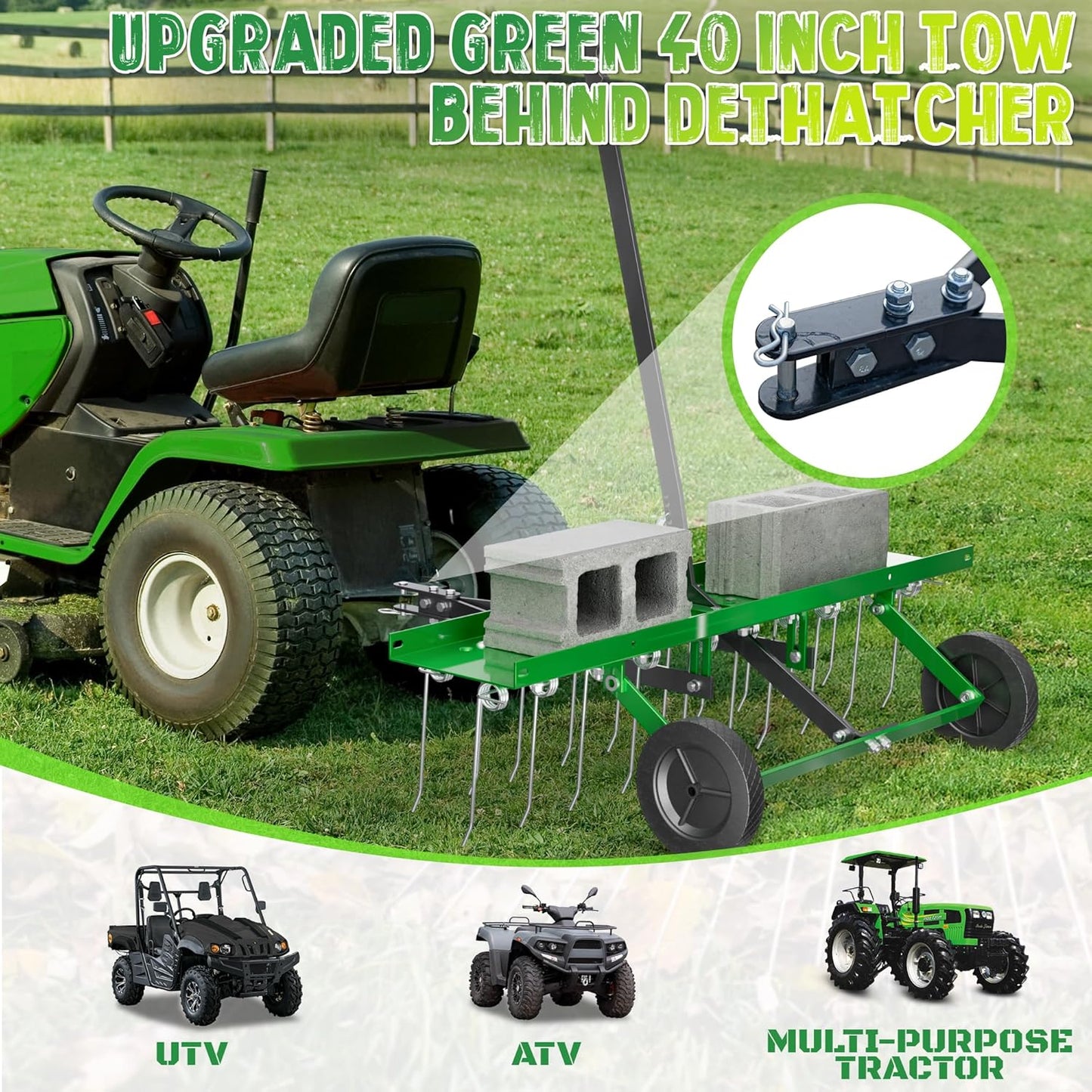 40 Inch Green Tow-Behind Dethatcher with 20 Spring Steel Tines, Pull Dethatcher for Outdoor Yard Care, Garden Farm Grass Tractor Rake to Remove Thatch, Leaves and Needles from Large Lawn Areas