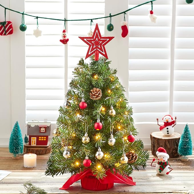 Joiedomi 24 Inch/2FT Tabletop Mini Christmas Prelit Decoration, Artificial Mini Xmas Pine Tree with Prelit LED String Lights and Ornaments Decor, Christmas New Year Decoration Tree Decor