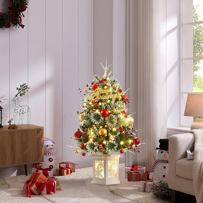 2 Pack Small 3FT Pre-Lit Snow Flocked Christmas Tree with Twinkling Lights for Home Office Christmas Decor- Battery Operated & Timer (Snowflake Base)