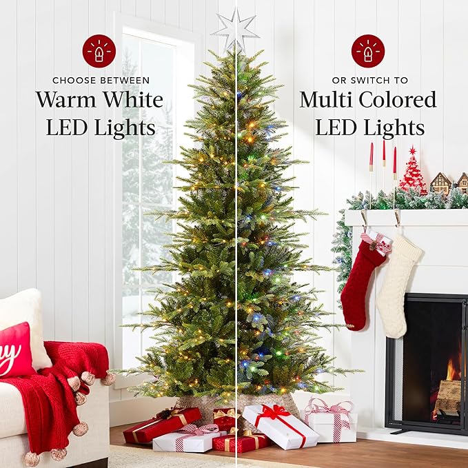 Best Choice Products 9ft Pre-Lit Artificial Aspen Slim Christmas Tree, Noble Holiday Décor w/ 3,088 Branch Tips, 2-in-1 Multicolor LED Lights, Cordless Connection, Metal Stand