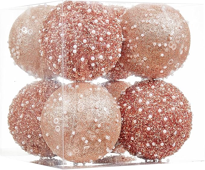 8CT Christmas Ball Ornaments, Rose Gold Christmas Ball Decorations Shatterproof Plastic Hanging Pearl Balls for Holiday Party(90mm/3.54")