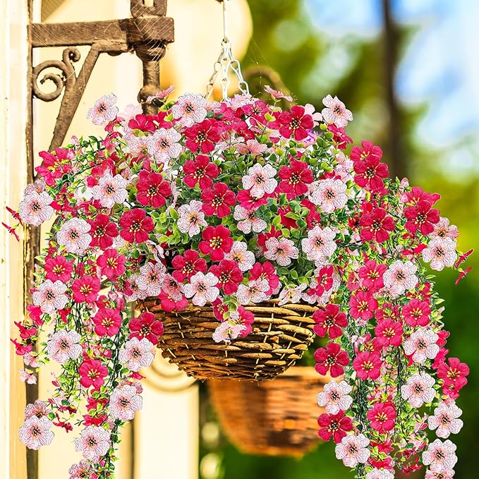 Artificial Flowers for Outdoors 6PCS，All Weather Fade Proof, UV Resistant Waterproof Realistic Faux Silk Mums Daisies Rose Red & Pink for Hanging Planters Porch Patio Balcony Deck Fence Garden Decor