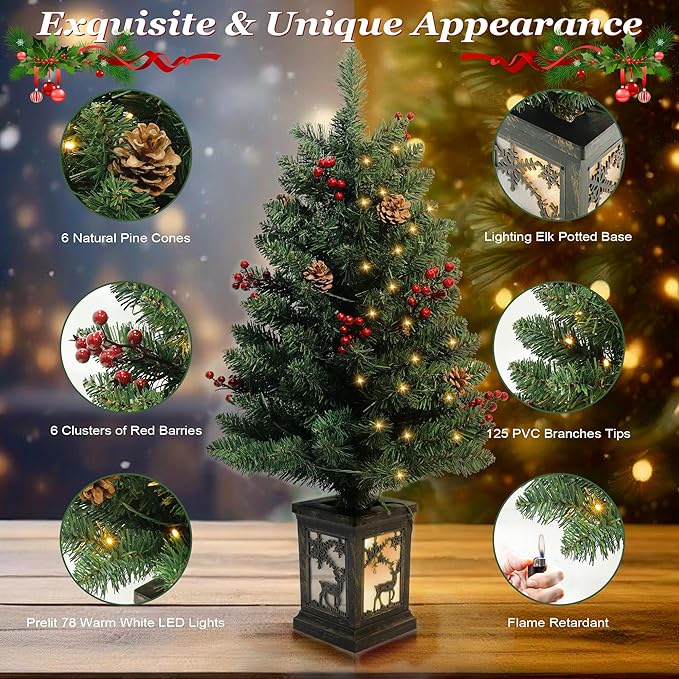 3ft Prelit Christmas Tree with 78 Warm Lights & Red Berry & Pine Cone, Mini Christmas Tree with Vintage Elk Light Potted Base, Tabletop Small Xmas Tree Decor for Porch,Home,Office,Indoor