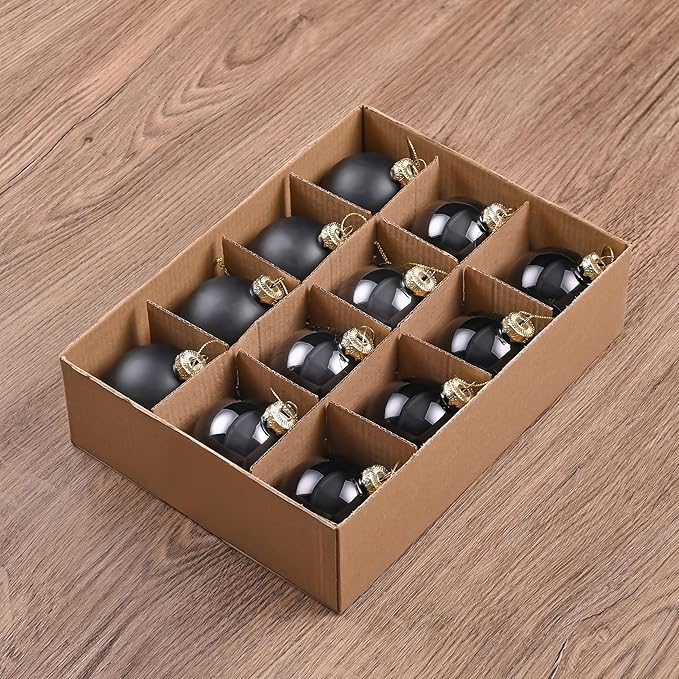 Black Glass Christmas Ball Ornaments for Christmas Tree, 2.36” Christmas Hanging Ornaments Set of 12 Xmas Baubles for Holiday Party Xmas Tree Decorations Gifts