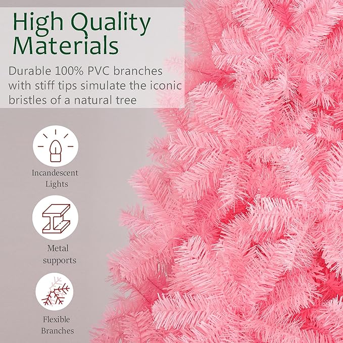 KTKDE 6ft Artificial Pink Christmas Tree, Xmas Tree with 1005 Branch Tips and Decorations(Pink Top Star, 2set 200 Tips Battery Boxes Powered) Metal Stand, Suitable for Home Office Store Bar