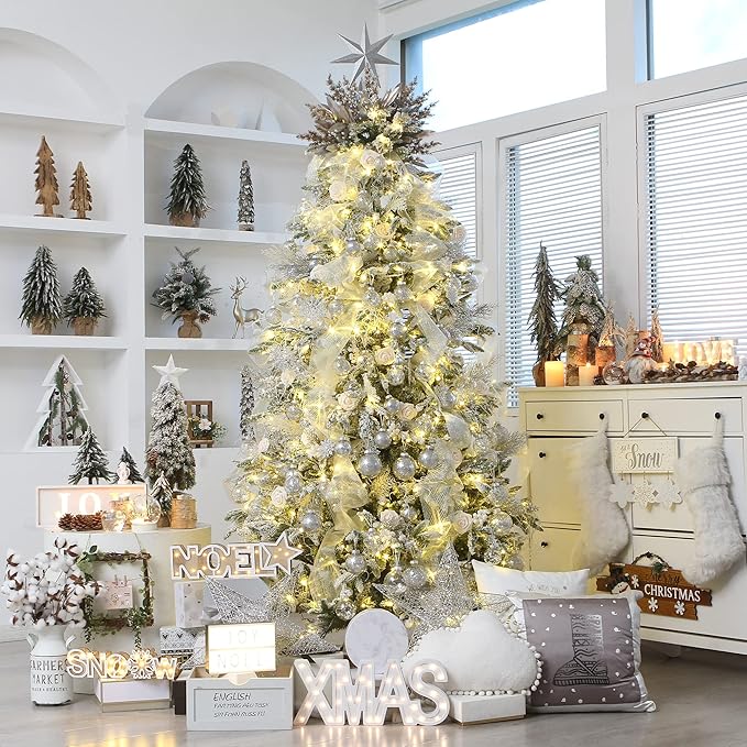 Sea Team Christmas Baubles Set Clear Plastic Shatterproof Multi-Size Decorative Christmas Baubles with Stuffed Delicate Decorations (25 Pieces, Silver)