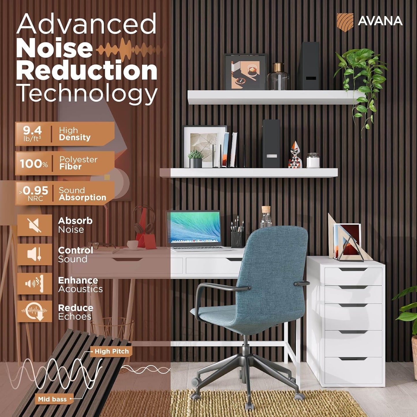 Avana Acoustic Wood Wall Panels – 94.4 x 12.6 Inch Dark Walnut Acoustic Panels 4 PCs – Wall Panels For Interior Wall Decor for Homes, Offices, Studios – Aesthetically Pleasing Wood Panels For Wall