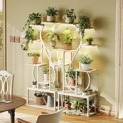 PRAISUN 65 Inch Plant Stand with Grow Light, 9 Tiered Indoor Plant Shelf with Larger Flower Holder, Music Note-shaped Stand with Top Ring Hook , Corner Plant Rack for Living Room, White