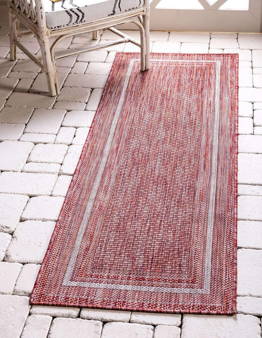 Unique Loom Outdoor Border Collection Area Rug - Soft Border (2' 7" x 10' Runner, Rust Red/ Ivory)