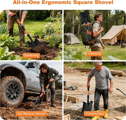 Snow Shovel, Heavy Duty 42'' Square Spade with Ergonomic D-Grip Handle, Extra-Wide Step & Fiberglass Shaft – Compact Winter Tool for Snow Removal, Car Emergency, Driveway & Sidewalk (Bright Orange)