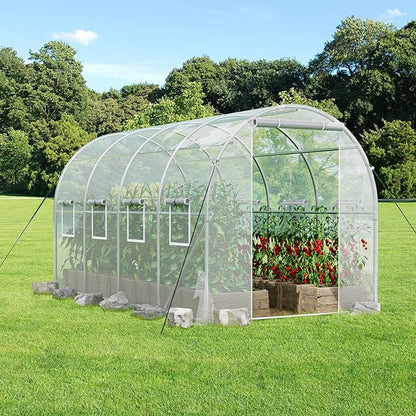 SPECILITE Walk-in Tunnel Greenhouse for Outdoors, 15×7×7 FT Heavy Duty Hoop House Kit with 8 Screen Windows, Thicken PE Cover & Galvanized Frame, Portable Large Green Houses for Outside, Winter, White