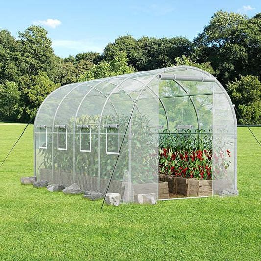 SPECILITE Walk-in Tunnel Greenhouse for Outdoors, 15×7×7 FT Heavy Duty Hoop House Kit with 8 Screen Windows, Thicken PE Cover & Galvanized Frame, Portable Large Green Houses for Outside, Winter, White