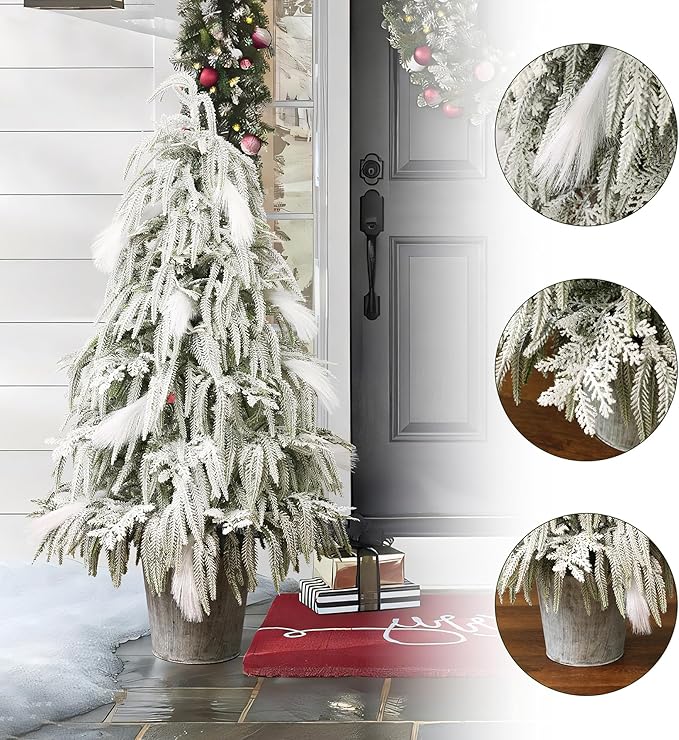 LuxenHome 4FT Unlit Flocked Christmas Tree, Small Potted Christmas Trees with Downswept Branches and Feather Accents, White Snowy Finish Stylish Faux Artificial Trees for Outdoors Holiday Decorations