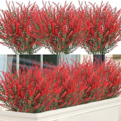 Ouddy Decor 12 Bundles Artificial Lavender Fake Flowers Faux Plastic Plants for Home Wedding Kitchen Garden Patio Window Box Office Table Centerpieces Indoor Outdoor Decor, Red