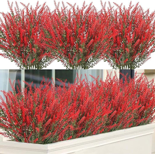 Ouddy Decor 12 Bundles Artificial Lavender Fake Flowers Faux Plastic Plants for Home Wedding Kitchen Garden Patio Window Box Office Table Centerpieces Indoor Outdoor Decor, Red