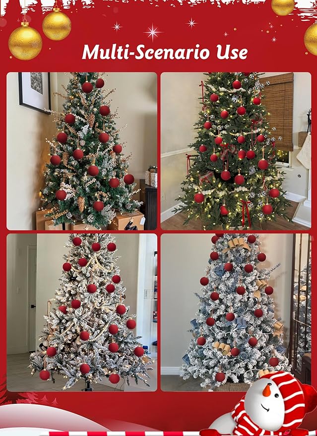 Brightown 15 Pcs Velvet Christmas Balls, 2.36 Inch Red Green Brown Velvet Ornaments for Christmas Tree, Christma Tree Flocked Ornaments Balls for Family Holiday Wedding Party Xmas Hanging Decoration